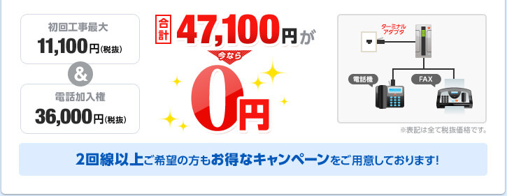 初回工事費最大11,100円（税抜）＋電話加入権36,000円（税抜）＝合計47,100円（税抜）も今なら0円